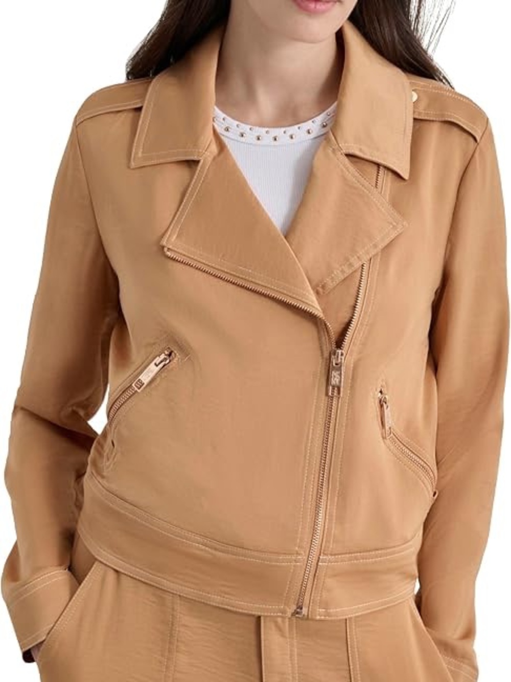 DKNY Long Sleeves Contrast Stitch Moto Jacket Jacket in Tawney Small - Picture 3 of 13